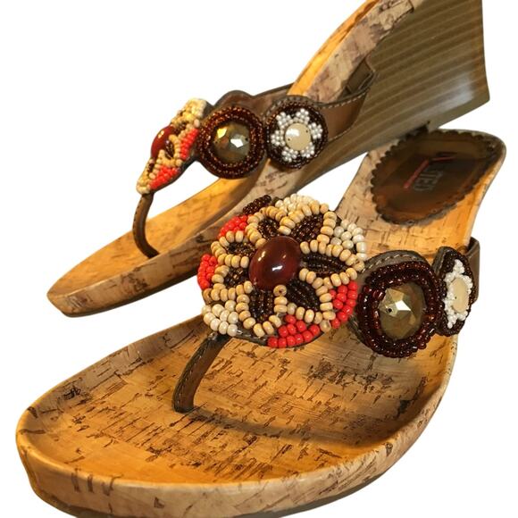 Unlisted Orange Brown Tan beaded Top with Bling cork sandals 7.5M 3 inch wedge - Picture 2 of 16